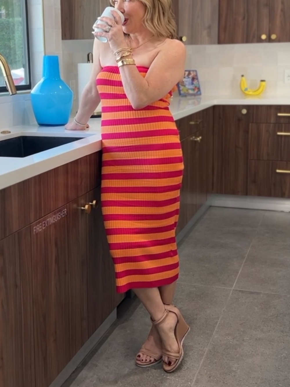 Striped Strapless Dress - Red and Orange